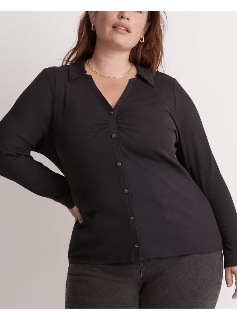 Madewell Ruched Polo Cardigan in True Black